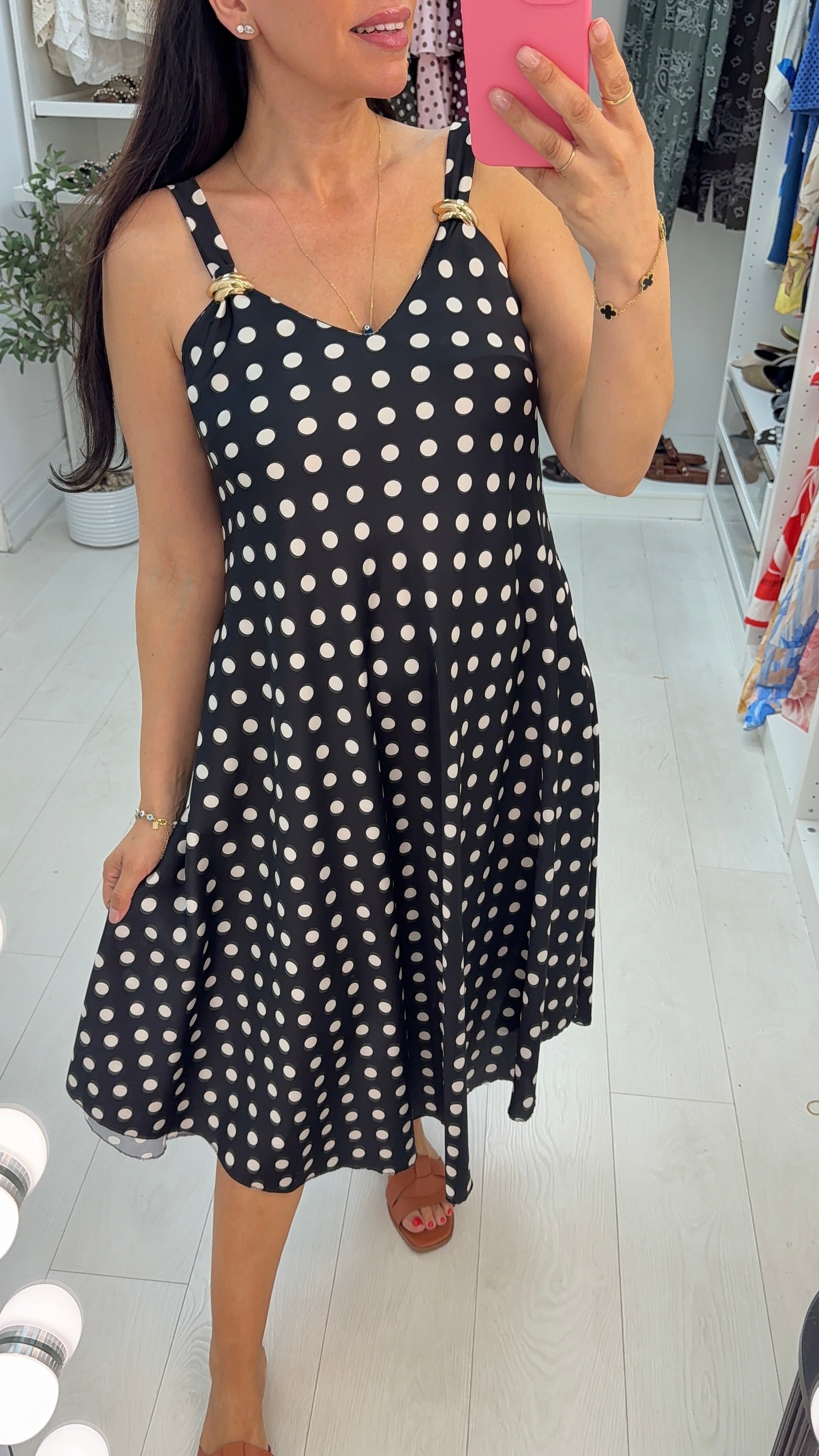 Brinley Polka Buckle Detail Midi Dress