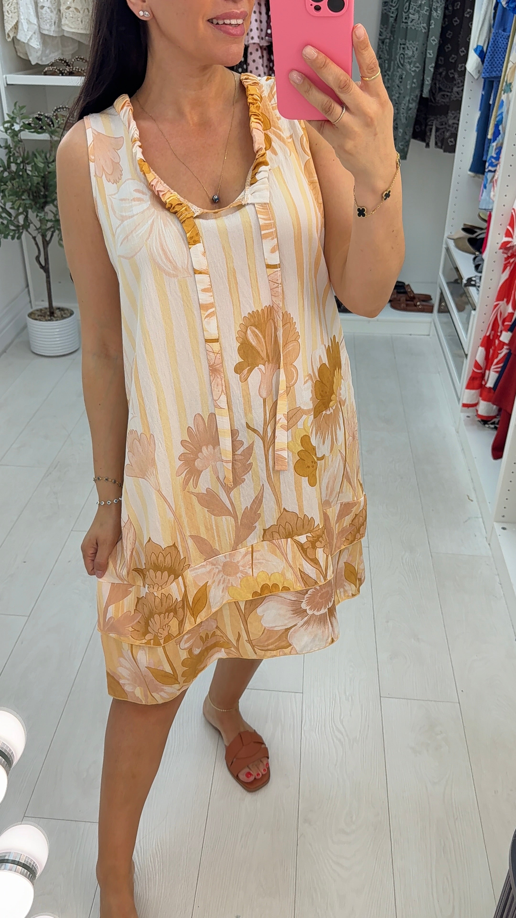 Freyja Striped Floral Print Midi Smock Dress