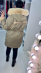 Kimzey Taupe Lush Faux Fur Hooded Coat