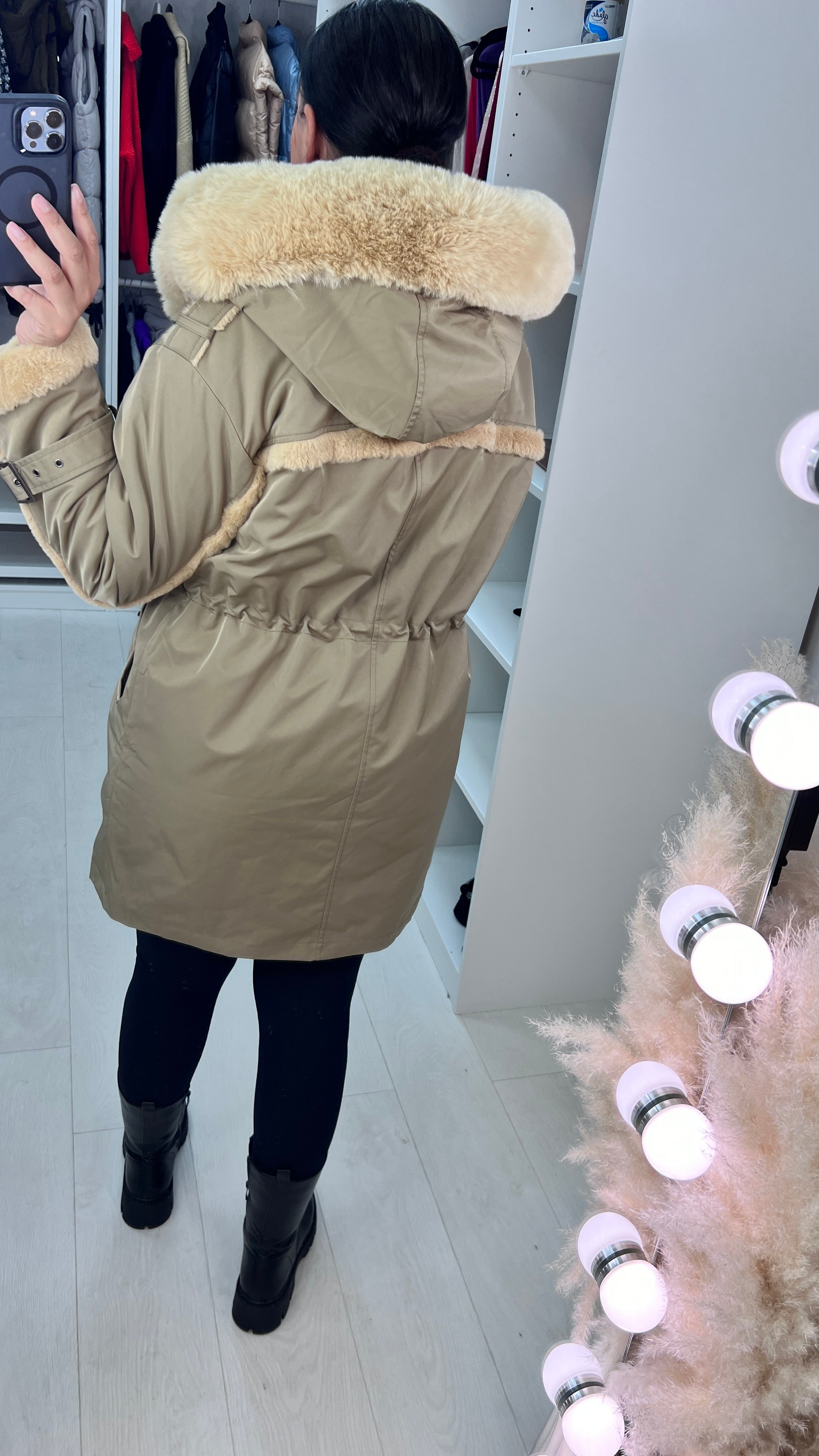 Kimzey Taupe Lush Faux Fur Hooded Coat