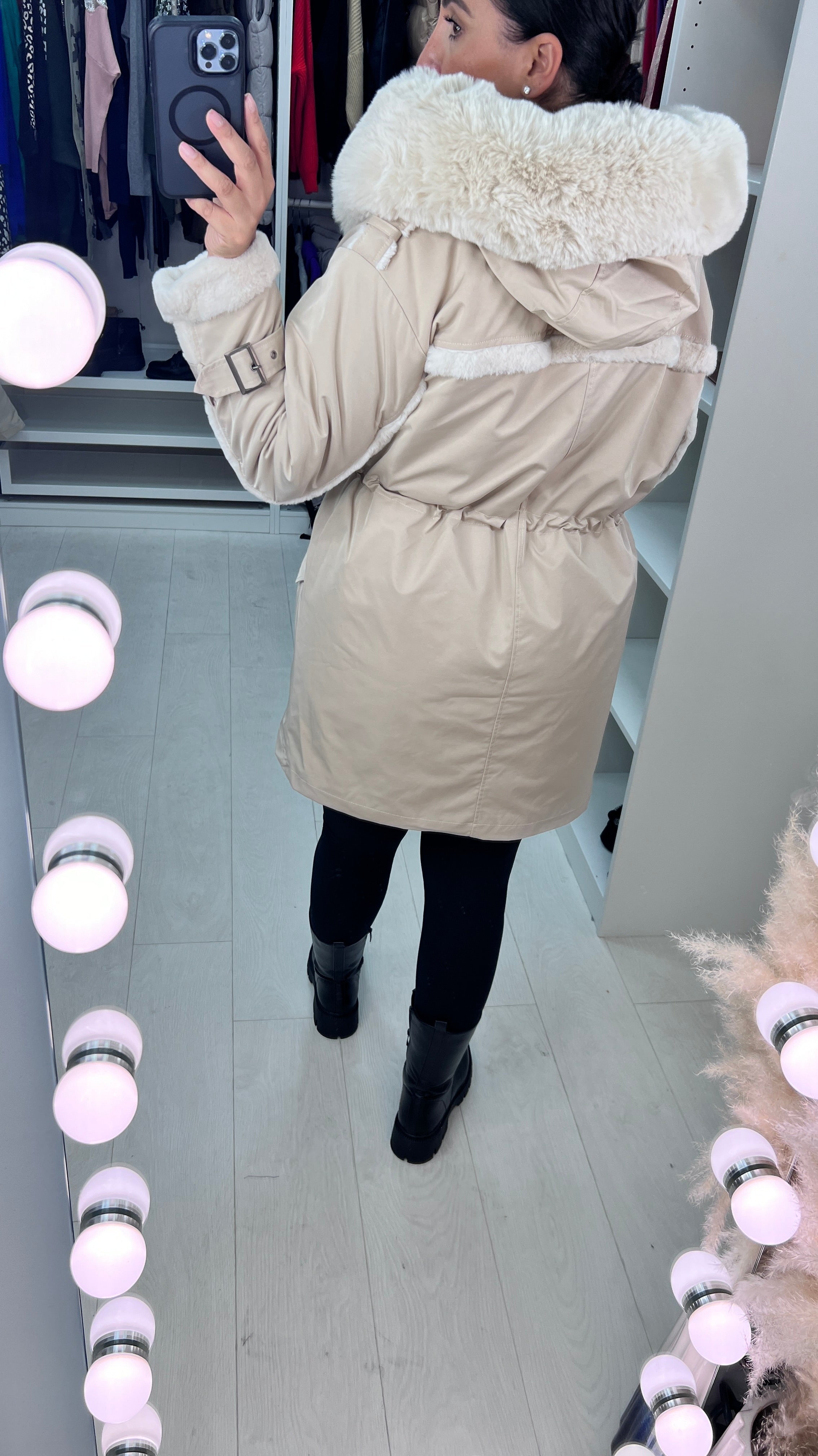 Kimzey Beige Lush Faux Fur Hooded Coat