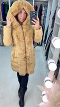 Semin Camel Faux Fur Panelled Hooded Belt Padded Coat