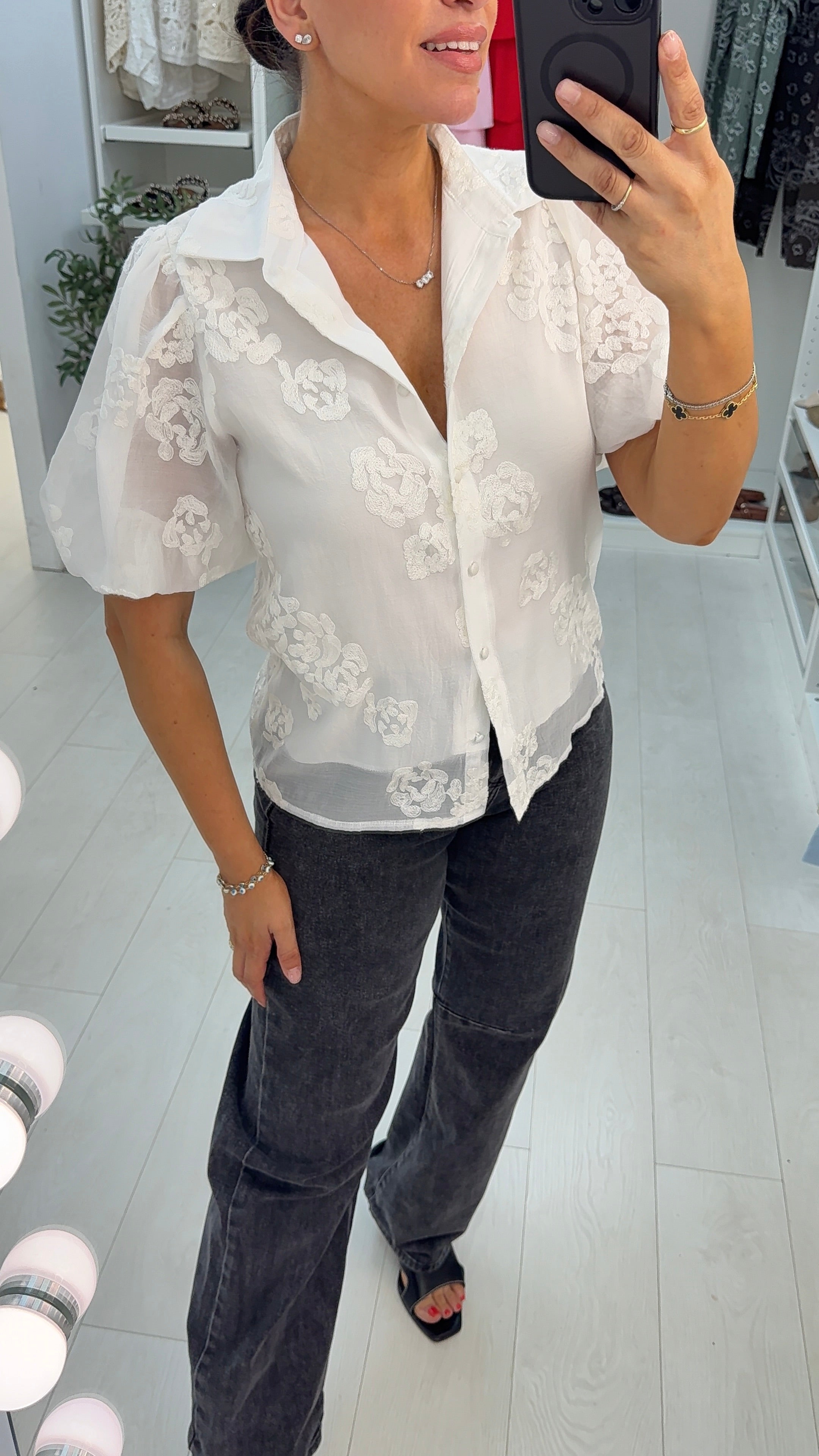 Isayla Floral Embroidered Balloon Sleeve Shirt