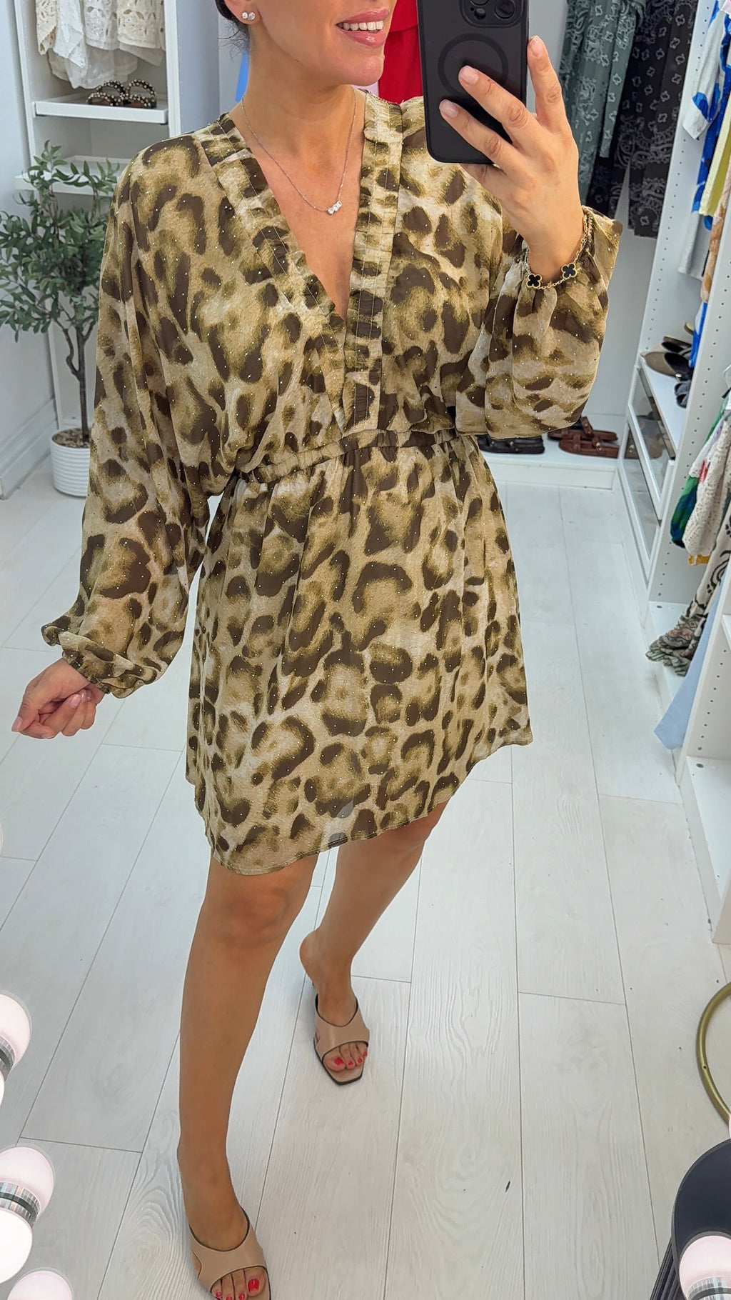 Georgiana Embellished Animal Print V Neck Midi Dress