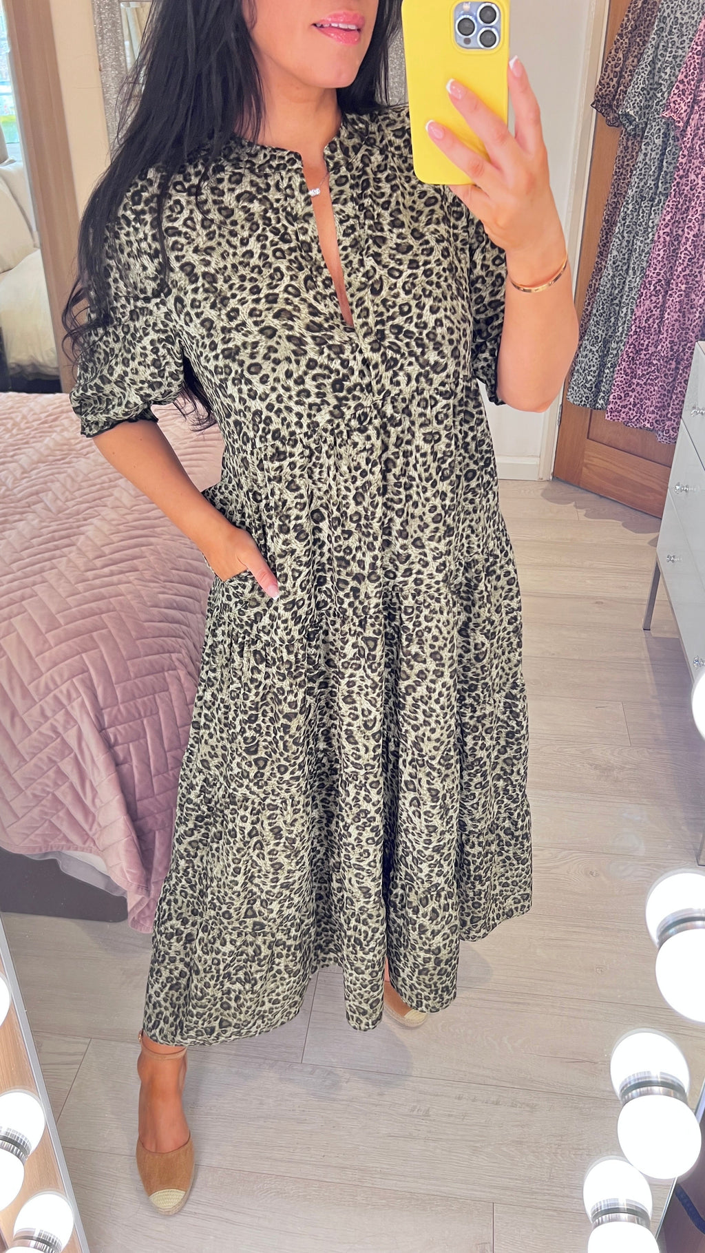 Acorn Leopard Print 3/4 Sleeve Smock Maxi Dress