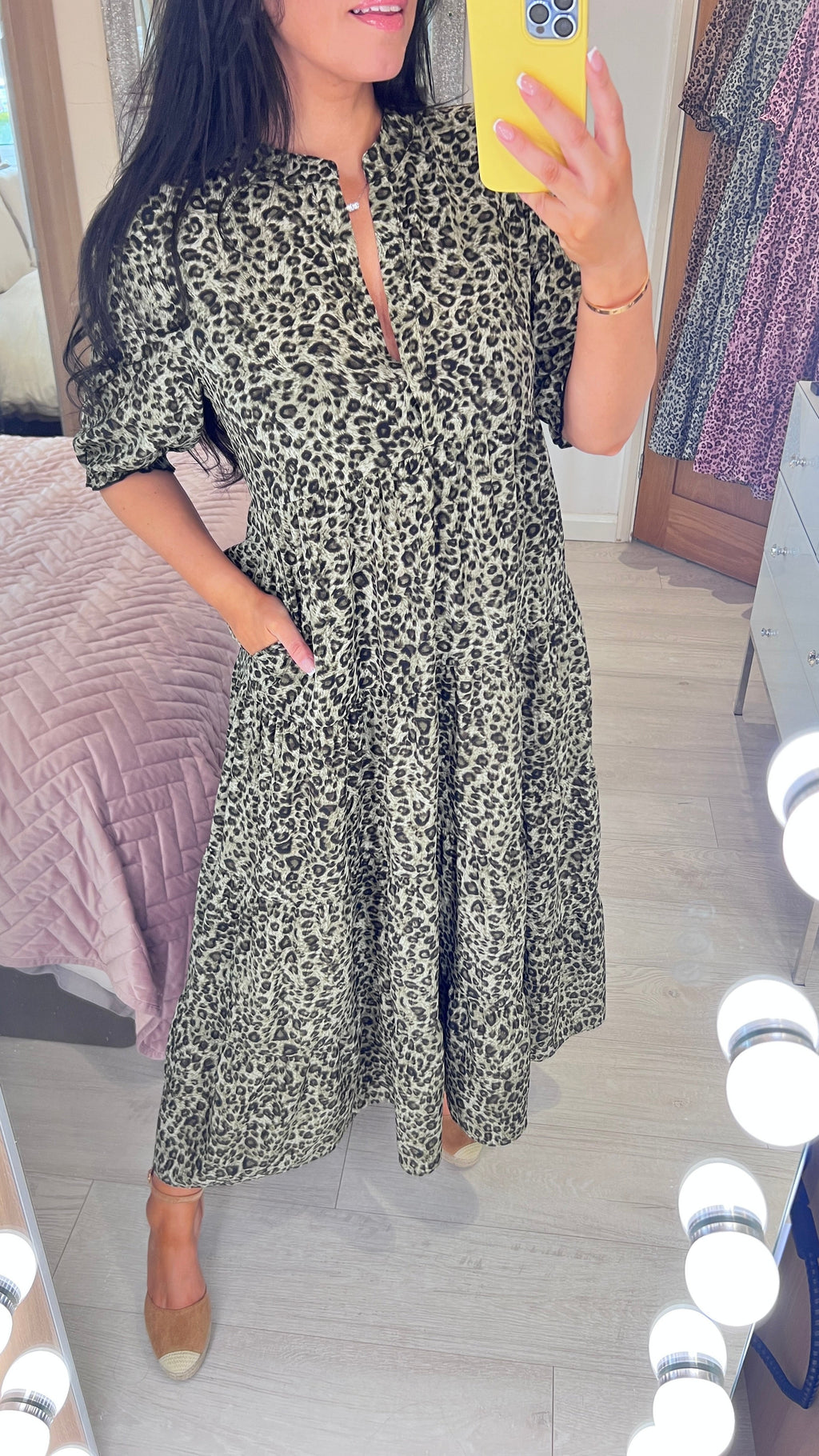 Acorn Leopard Print 3/4 Sleeve Smock Maxi Dress