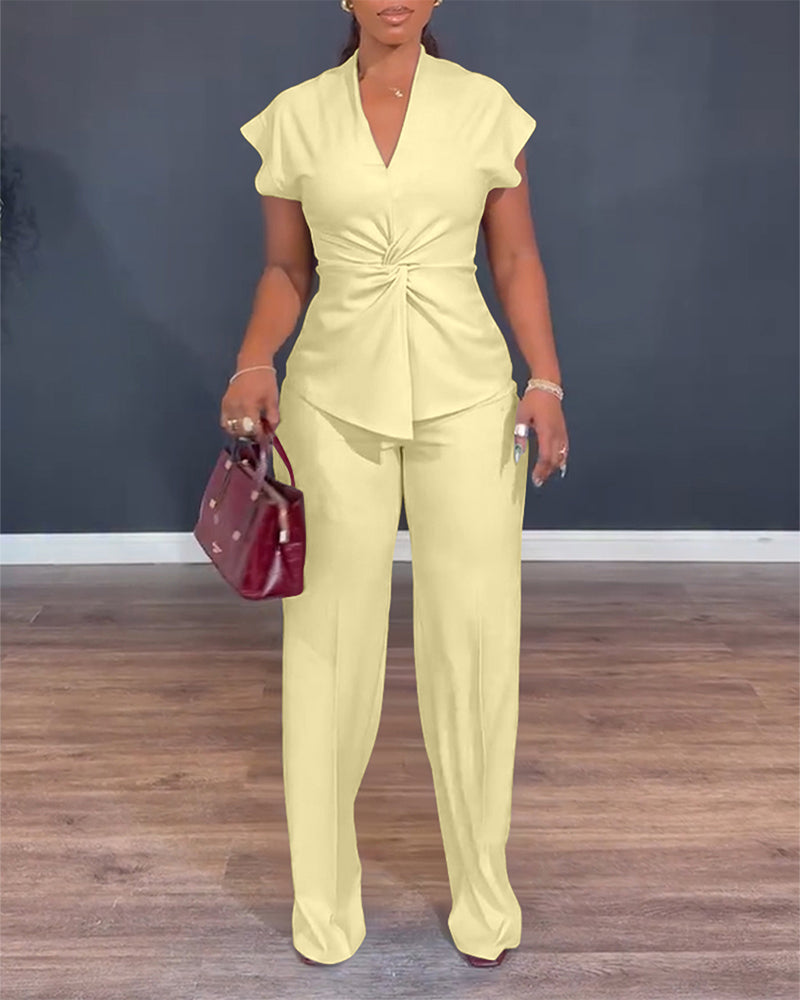 2 Pieces Outfit V-Neck Short Sleeve Twist Front Zipper Back Top and Straight Leg Pants Set Casual Commuting Set