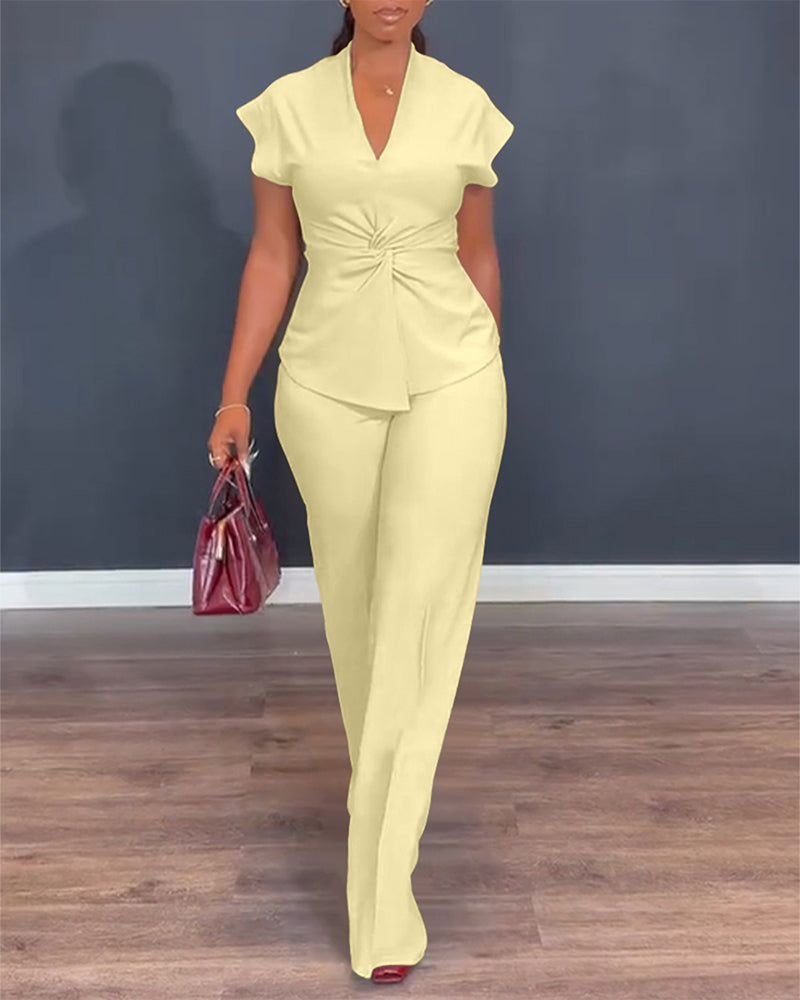 2 Pieces Outfit V-Neck Short Sleeve Twist Front Zipper Back Top and Straight Leg Pants Set Casual Commuting Set