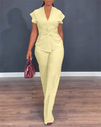 2 Pieces Outfit V-Neck Short Sleeve Twist Front Zipper Back Top and Straight Leg Pants Set Casual Commuting Set