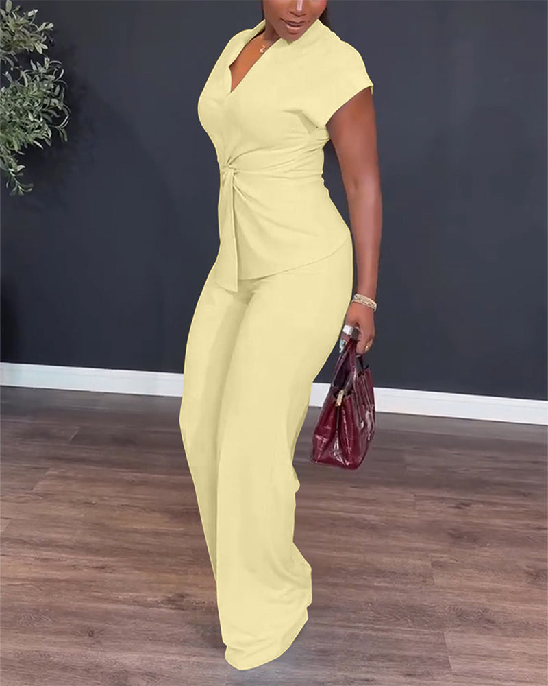 2 Pieces Outfit V-Neck Short Sleeve Twist Front Zipper Back Top and Straight Leg Pants Set Casual Commuting Set