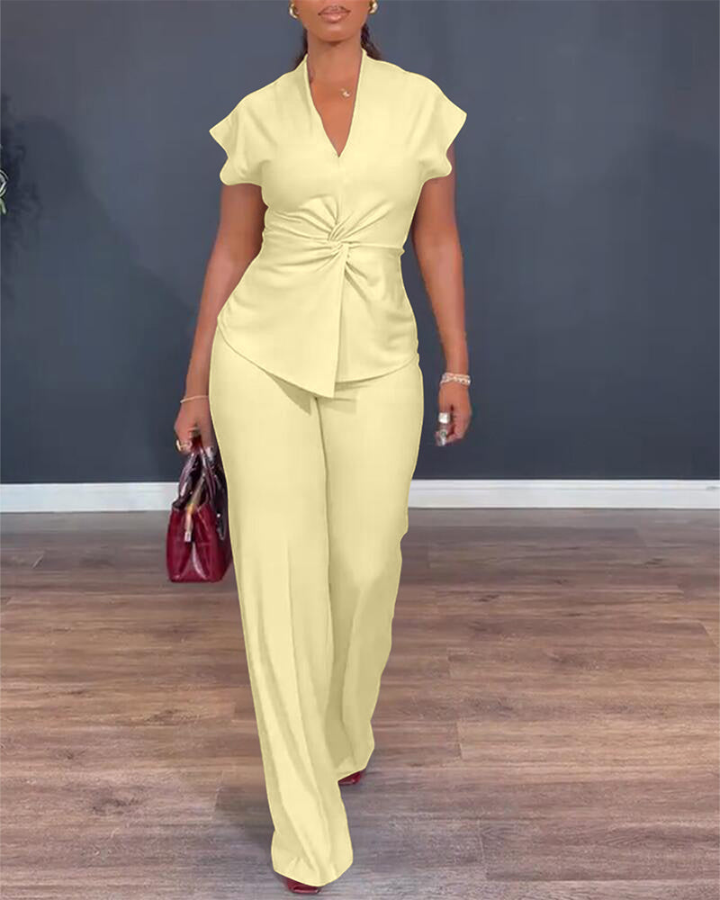 2 Pieces Outfit V-Neck Short Sleeve Twist Front Zipper Back Top and Straight Leg Pants Set Casual Commuting Set