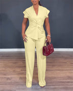 2 Pieces Outfit V-Neck Short Sleeve Twist Front Zipper Back Top and Straight Leg Pants Set Casual Commuting Set