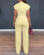 2 Pieces Outfit V-Neck Short Sleeve Twist Front Zipper Back Top and Straight Leg Pants Set Casual Commuting Set