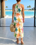 Women's Watercolor Print Slit Midi Dress Sexy Criss Cross Halter Tie Hollow-Out Vacation Dress