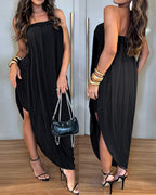 Women's Faux Two-Piece Dress Strapless Tube Dress Ruched Asymmetric Hem Dress with Detachable Clear Straps