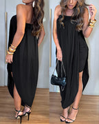 Women's Faux Two-Piece Dress Strapless Tube Dress Ruched Asymmetric Hem Dress with Detachable Clear Straps