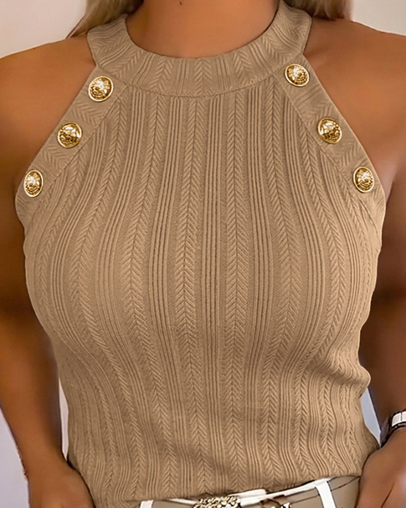 Women's Halter Neck Knit Tank Top Gold Button Cable Knit Vest Sleeveless Slim Fit Ribbed Top