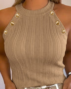 Women's Halter Neck Knit Tank Top Gold Button Cable Knit Vest Sleeveless Slim Fit Ribbed Top