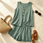 Solavia – Linen-Look 2 Piece Set, Sleeveless Button Top and Relaxed Shorts, Summer Matching Set for Women