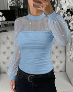 Pearls Decor Mock Neck Sheer Mesh Spliced Ruched Tee Hollow-out Back Slim Fit Textured Top