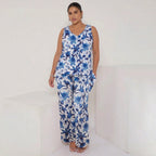 Boho Breeze Blue Floral V-Neck Vest Top & Pleated Pants