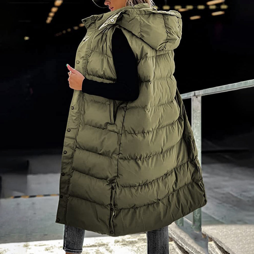 Women's Long Puffer Vest with Quilted Hood & Button Down Closure