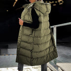 Women's Long Puffer Vest with Quilted Hood & Button Down Closure