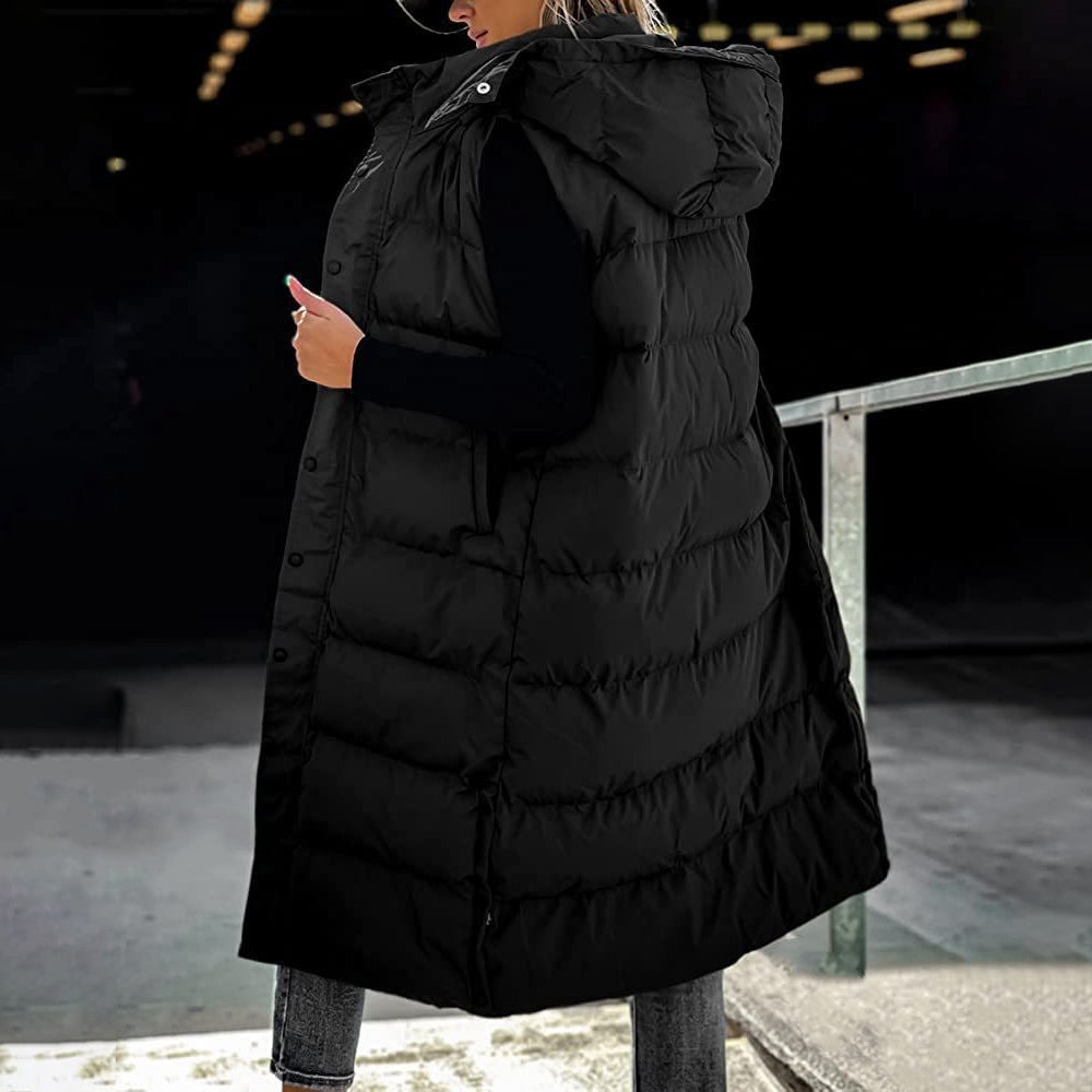 Women's Long Puffer Vest with Quilted Hood & Button Down Closure
