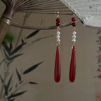 Pearl Red Droplet Pendant Earrings