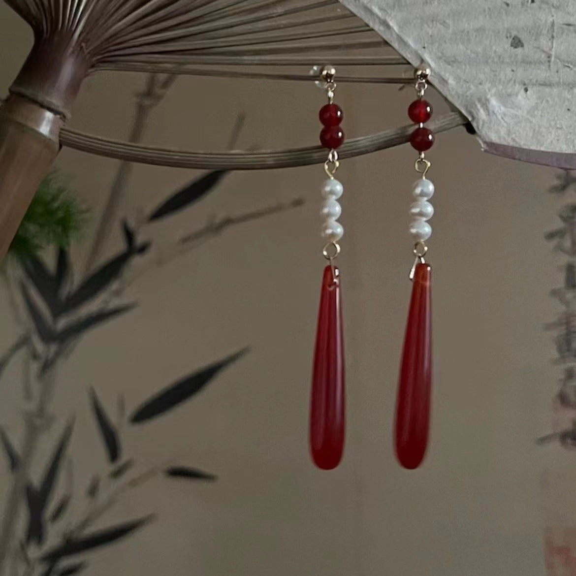 Pearl Red Droplet Pendant Earrings