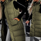 Women's Long Puffer Vest with Quilted Hood & Button Down Closure