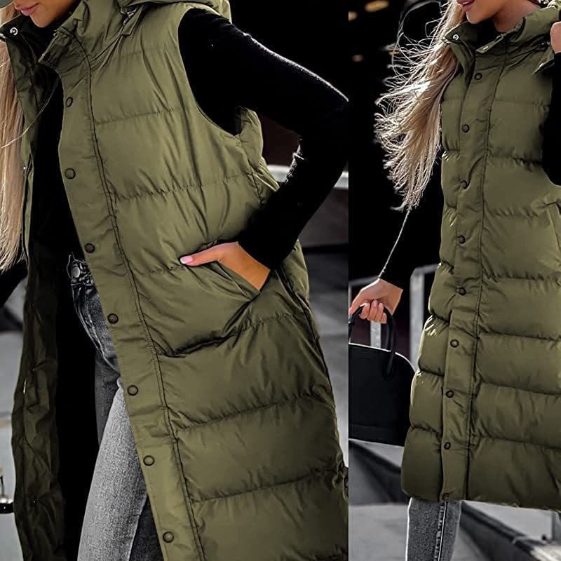 Women's Long Puffer Vest with Quilted Hood & Button Down Closure