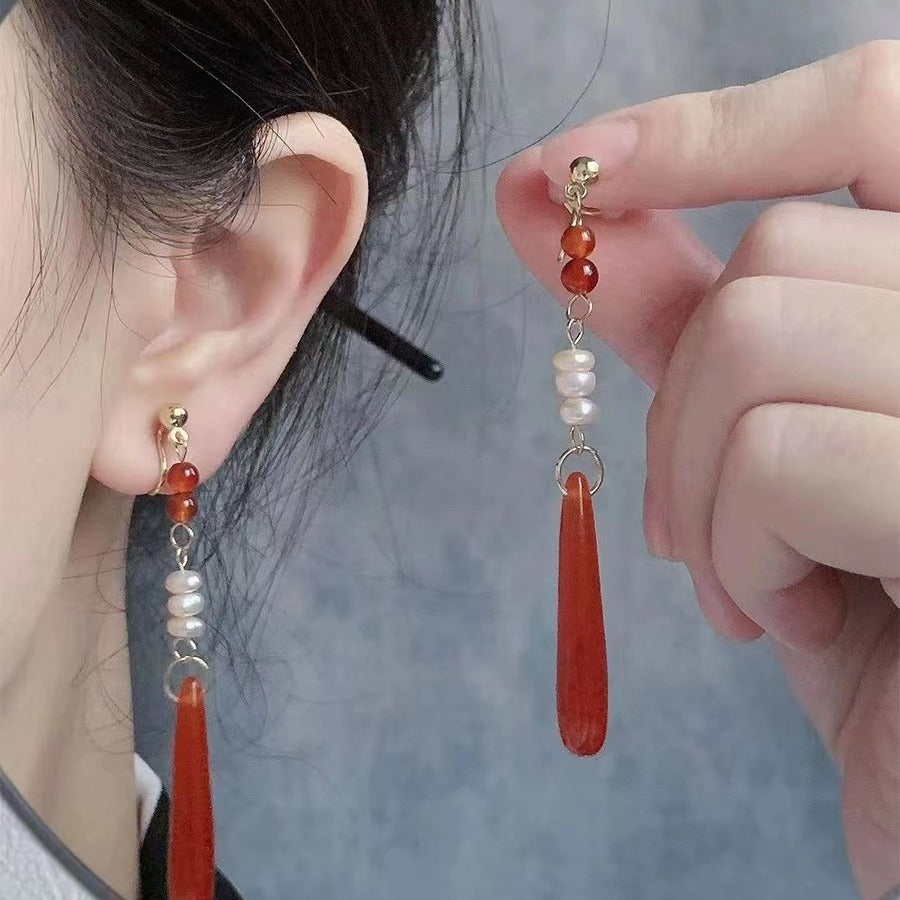 Pearl Red Droplet Pendant Earrings