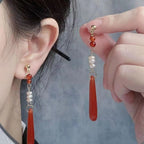 Pearl Red Droplet Pendant Earrings