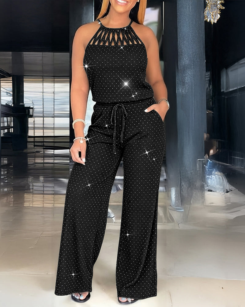 Women's Rhinestone Halter Tie Jumpsuit Casual Hollow Out Wide Leg Overalls Sparkling Drawstring Waist Jumpsuit with Pockets