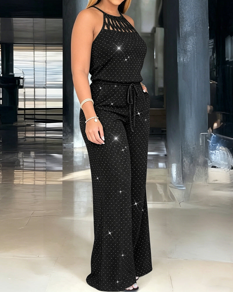 Women's Rhinestone Halter Tie Jumpsuit Casual Hollow Out Wide Leg Overalls Sparkling Drawstring Waist Jumpsuit with Pockets