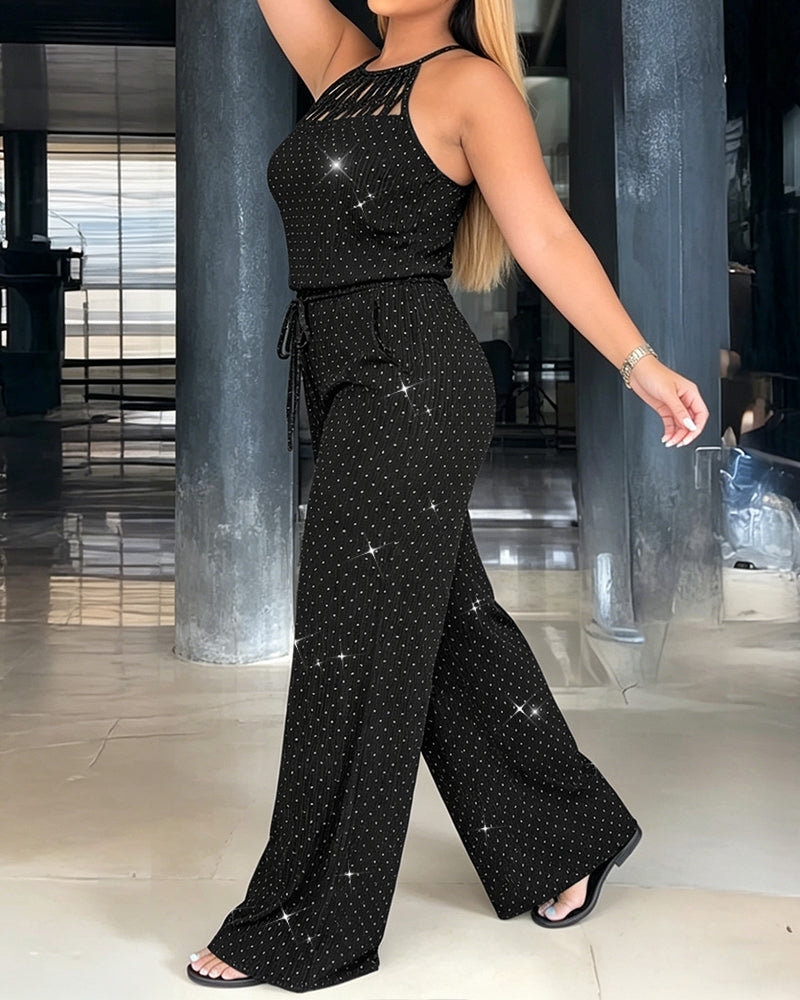 Women's Rhinestone Halter Tie Jumpsuit Casual Hollow Out Wide Leg Overalls Sparkling Drawstring Waist Jumpsuit with Pockets