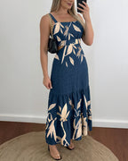 Plants Placement Print Adjustable Straps Cutout Waist Shirred Back Maxi Dress Casual Cinched Waist Ruffle Hem Vacation Dress