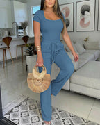 2 Pieces Outfit U-Neck Short Sleeve Slim Fit Ribbed Bodysuit and Drawstring Elastic Waist Seam Front Pants Casual Versatile Set
