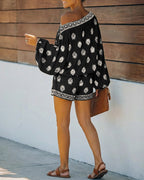 2 Pieces Outfit Boho Skew Neck Lantern Sleeve Top and Elastic Waist Shorts Set Casual Vintage Baroque Placement Print Vacation Set