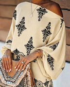 Women's Vintage Print Two-Piece Set Off-Shoulder Batwing Sleeve Top and High-Waisted Shorts Casual Vacation Set