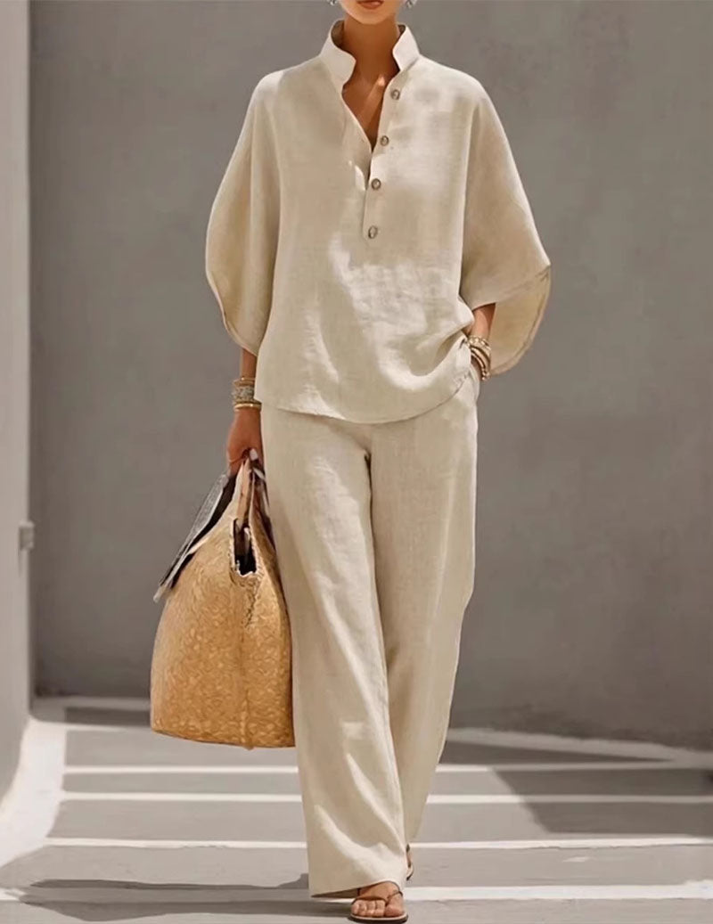 Linen Two Piece Set Mandarin Collar Batwing Sleeve Top & Wide Leg Pants