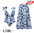 V Neck Lace Up Boho Breeze Blue Floral Swimsuit&Skirt