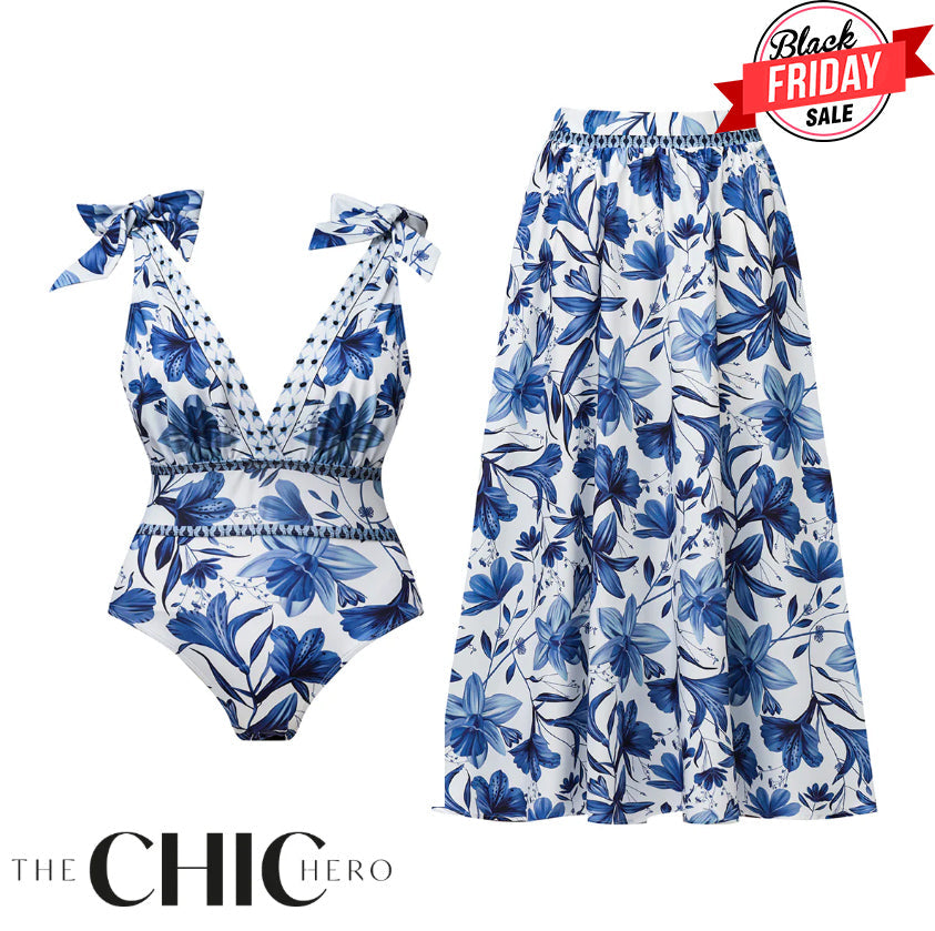 V Neck Lace Up Boho Breeze Blue Floral Swimsuit&Skirt