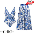 Chic Indigo Botanical Print One-Piece Swimsuit&Skirt