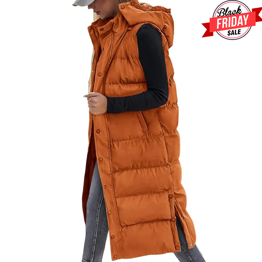 Women's Long Puffer Vest with Quilted Hood & Button Down Closure