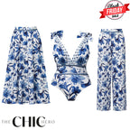 V Neck Lace Up Boho Breeze Blue Floral Swimsuit&Skirt&Pants
