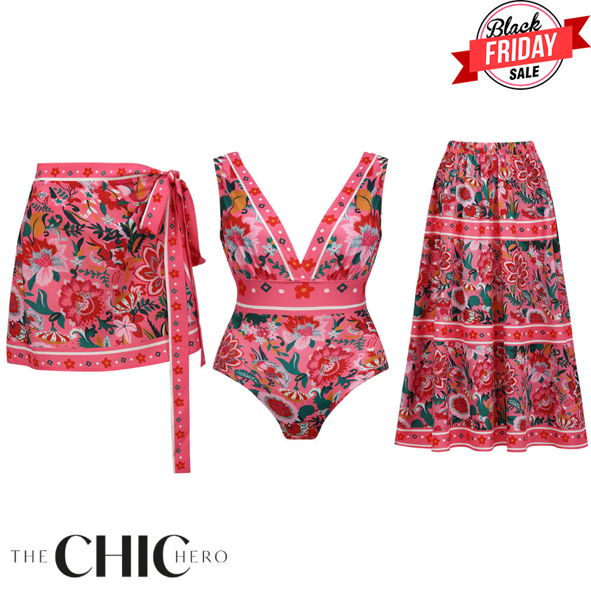 Pink Elegant Floral Patterns 3-Piece Set Swimsuit&Skirt