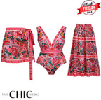 Pink Elegant Floral Patterns 3-Piece Set Swimsuit&Skirt