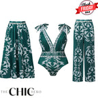 Green Flowy Floral Tie-shoulder Swimsuit&Skirt&Pants